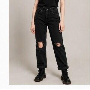 PacSun Womens High Waisted Straight Leg Distressed Ripped Jeans Black 26 grunge